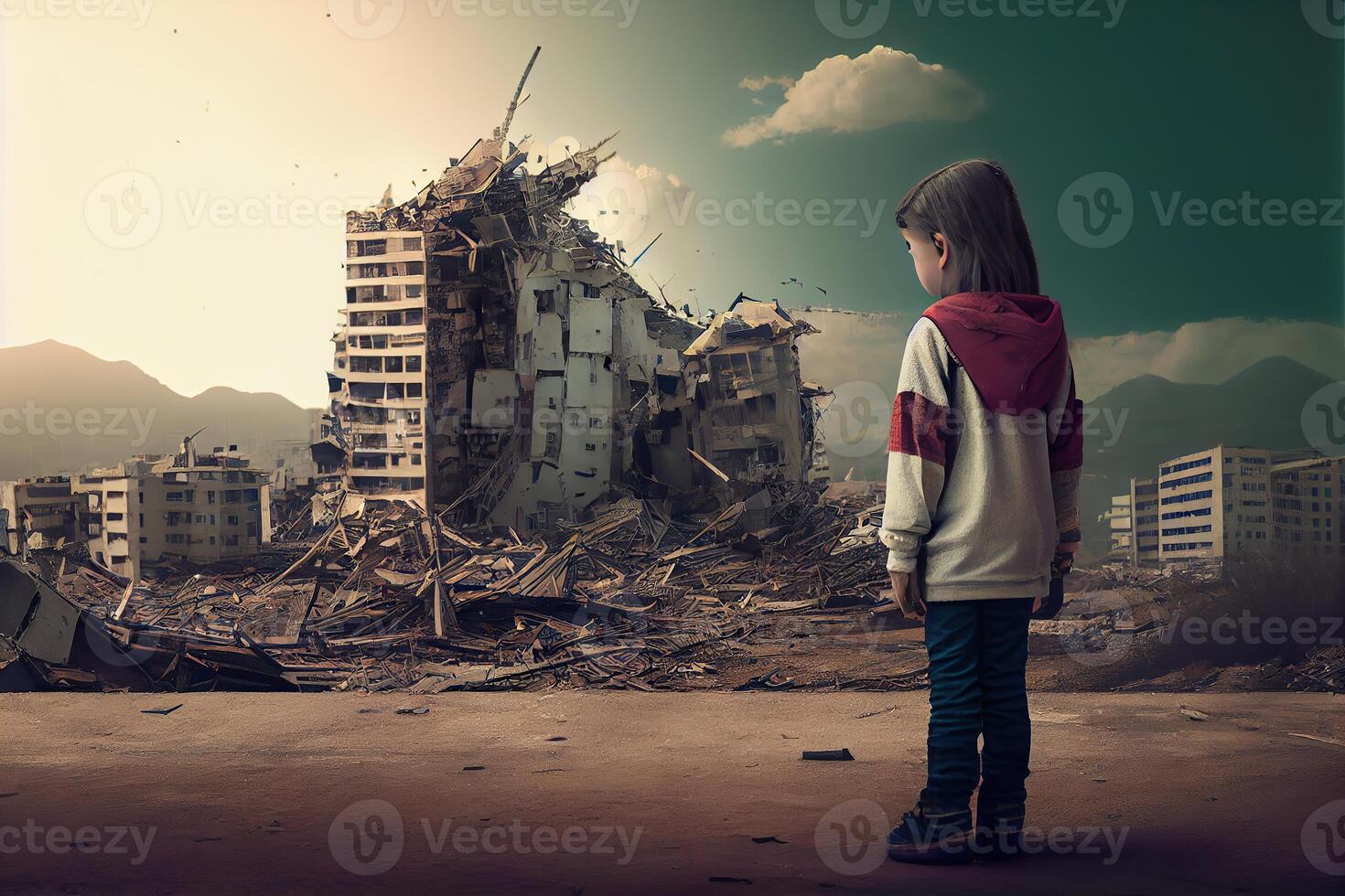 generativo ai ilustração do uma triste criança em pé dentro frente do colapso edifícios área, natural desastre ou guerra vítima, tristeza cenário idéia para Apoio, suporte crianças certo foto