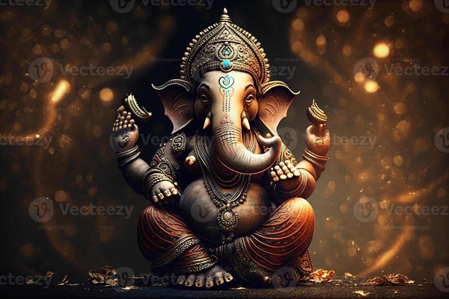 generativo ai ilustração do ganesha hindu Deus , com flores, óleo pintura ocupado acima para dentro paraíso, sentado dentro frente do bokeh mandala fundo foto