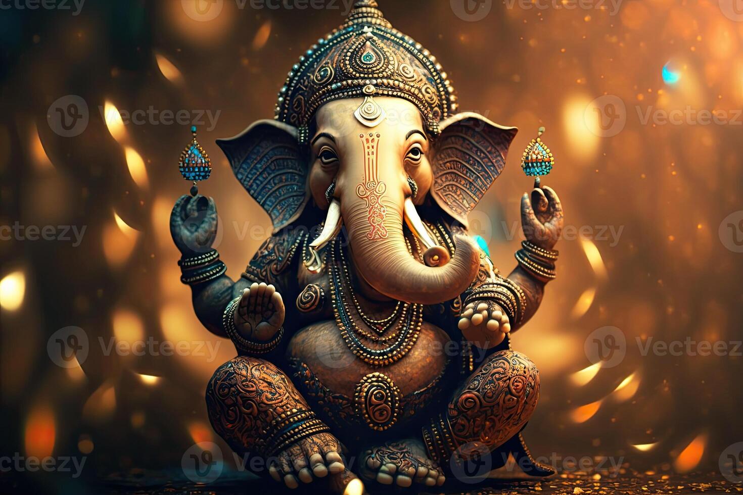 generativo ai ilustração do ganesha hindu Deus , com flores, óleo pintura ocupado acima para dentro paraíso, sentado dentro frente do bokeh mandala fundo foto