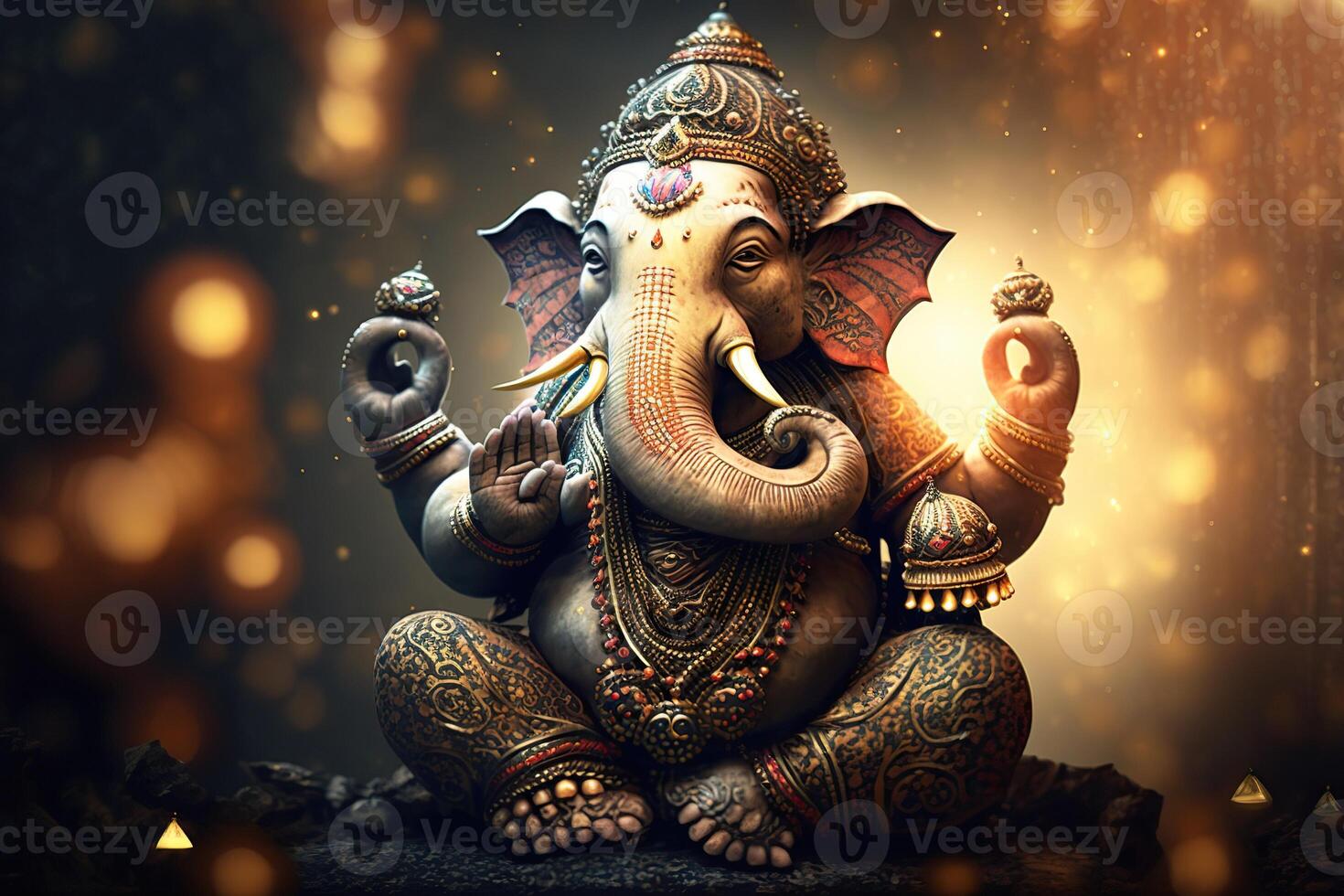 generativo ai ilustração do ganesha hindu Deus , com flores, óleo pintura ocupado acima para dentro paraíso, sentado dentro frente do bokeh mandala fundo foto