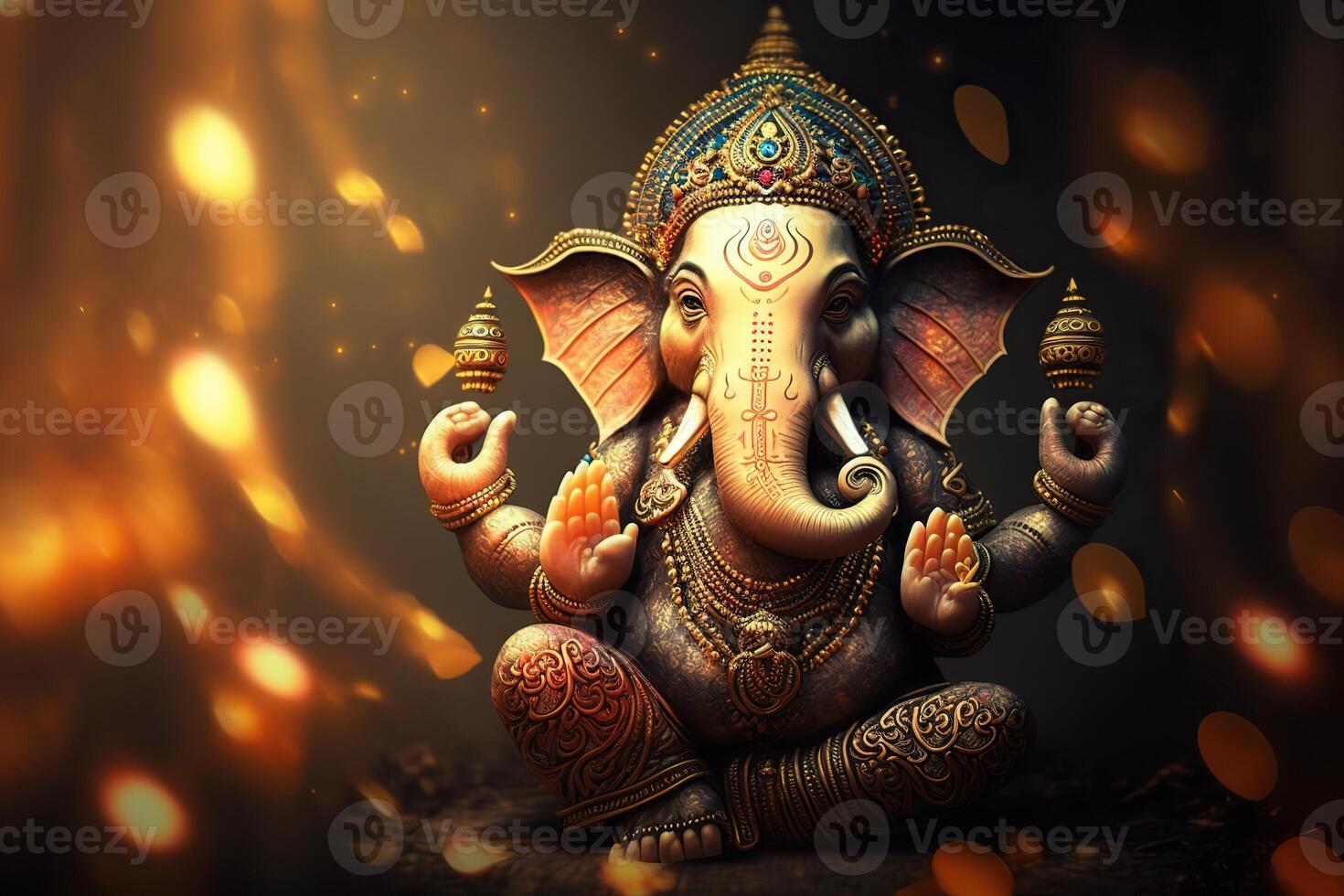 generativo ai ilustração do ganesha hindu Deus , com flores, óleo pintura ocupado acima para dentro paraíso, sentado dentro frente do bokeh mandala fundo foto