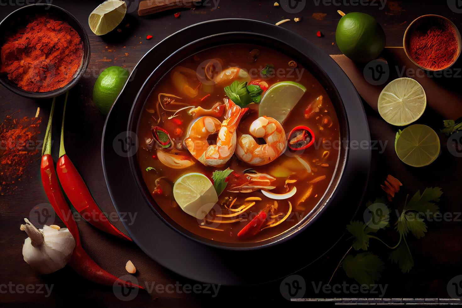 generativo ai ilustração do apetitoso tigela do tom yum sopa, picante tailandês sopa com camarão, frutos do mar, coco leite e Pimenta Pimenta dentro tigela cópia de espaço foto