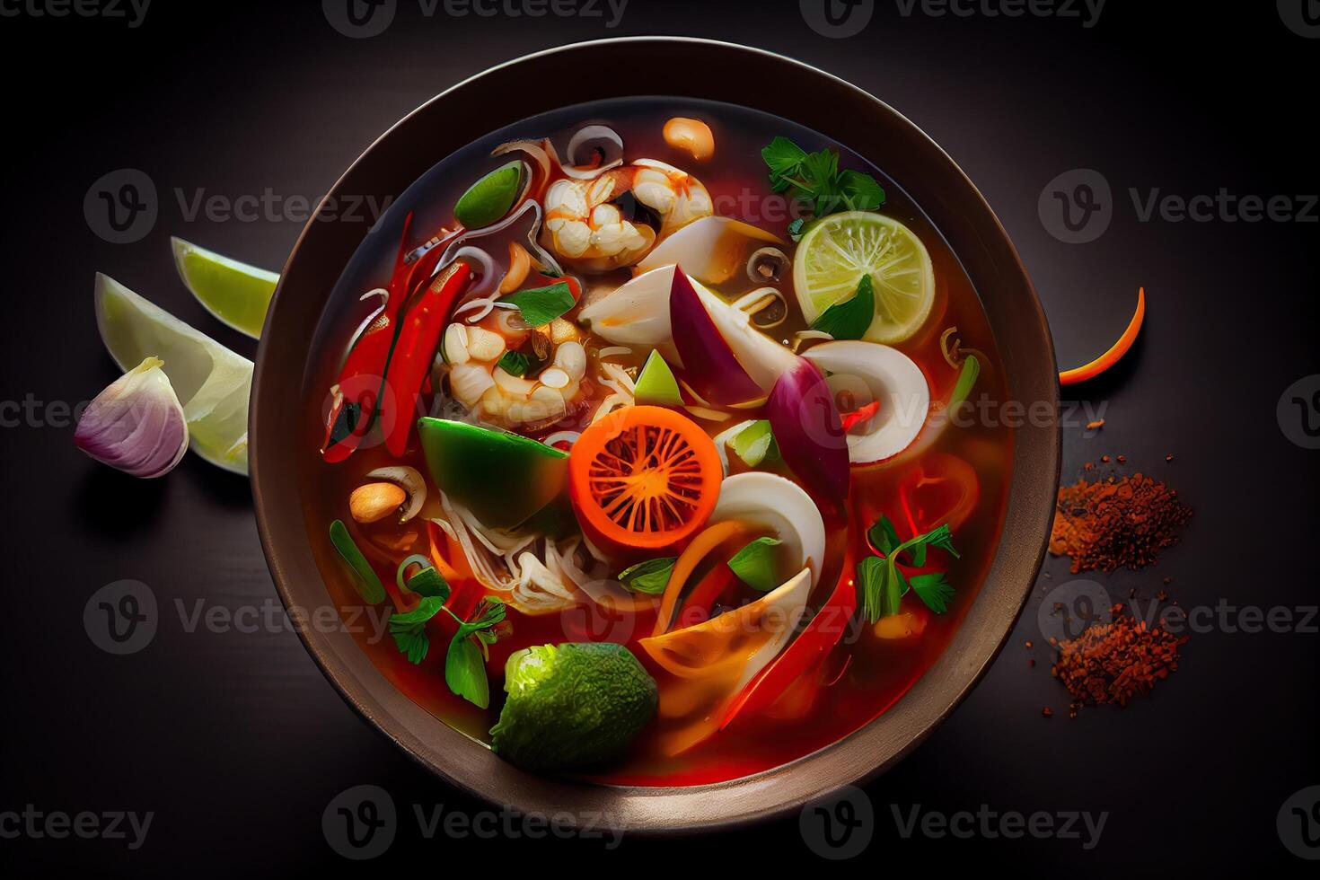 generativo ai ilustração do apetitoso tigela do tom yum sopa, picante tailandês sopa com camarão, frutos do mar, coco leite e Pimenta Pimenta dentro tigela cópia de espaço foto