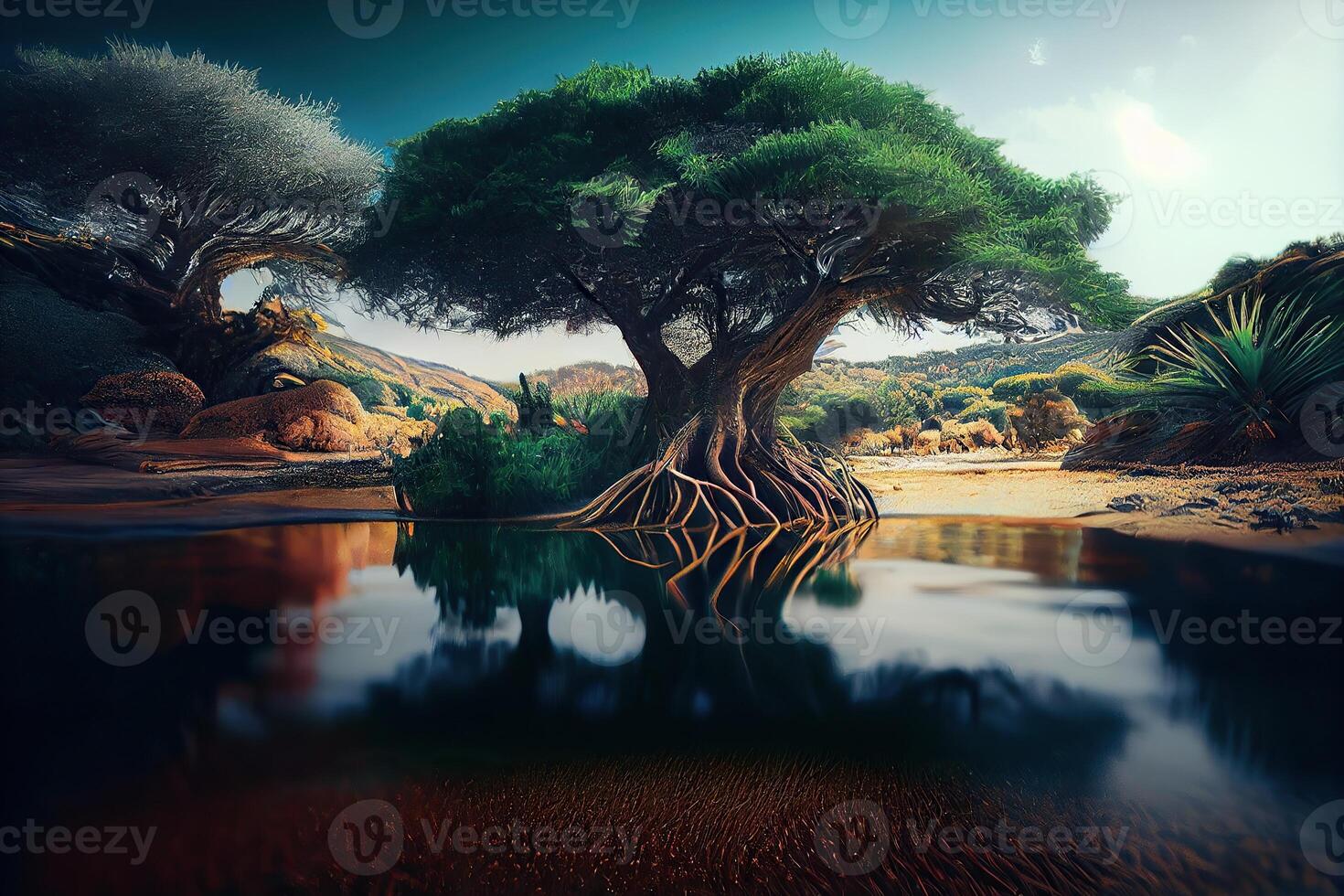 generativo ai ilustração do africano natureza, água, terra, plantas, grama, árvores, intenso olhar, lindo foto