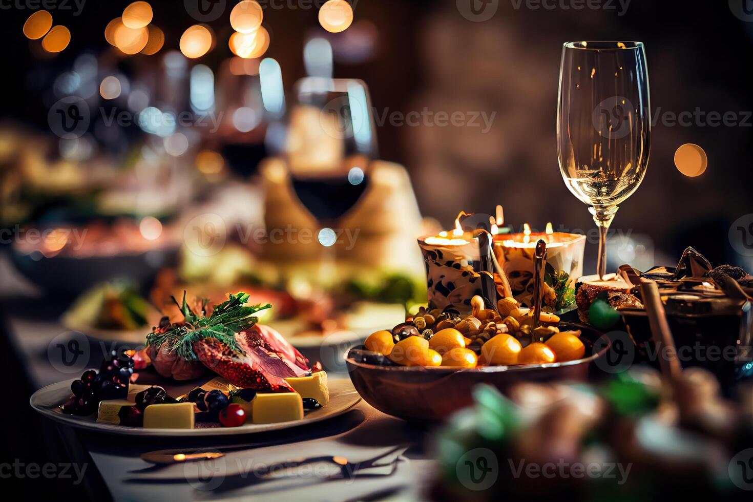 generativo ai ilustração do servindo mesa do uma variedade do delicioso festivo Comida e vinho preparado para evento festa ou casamento. seletivo foco foto