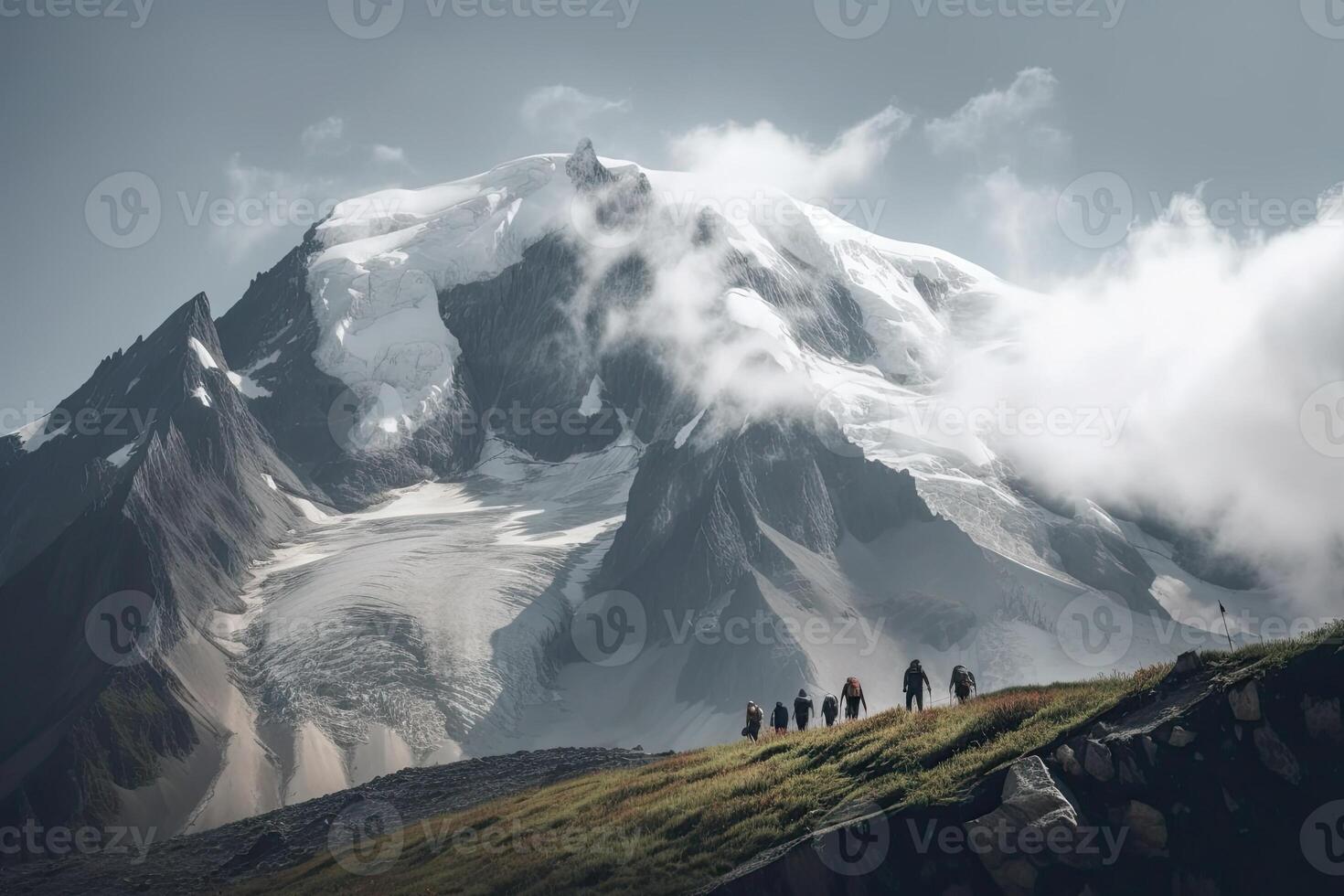 generativo ai ilustração do grupo do alpinistas. múltiplo Alto alpino alpinistas dentro frente do uma gigantesco montanha foto