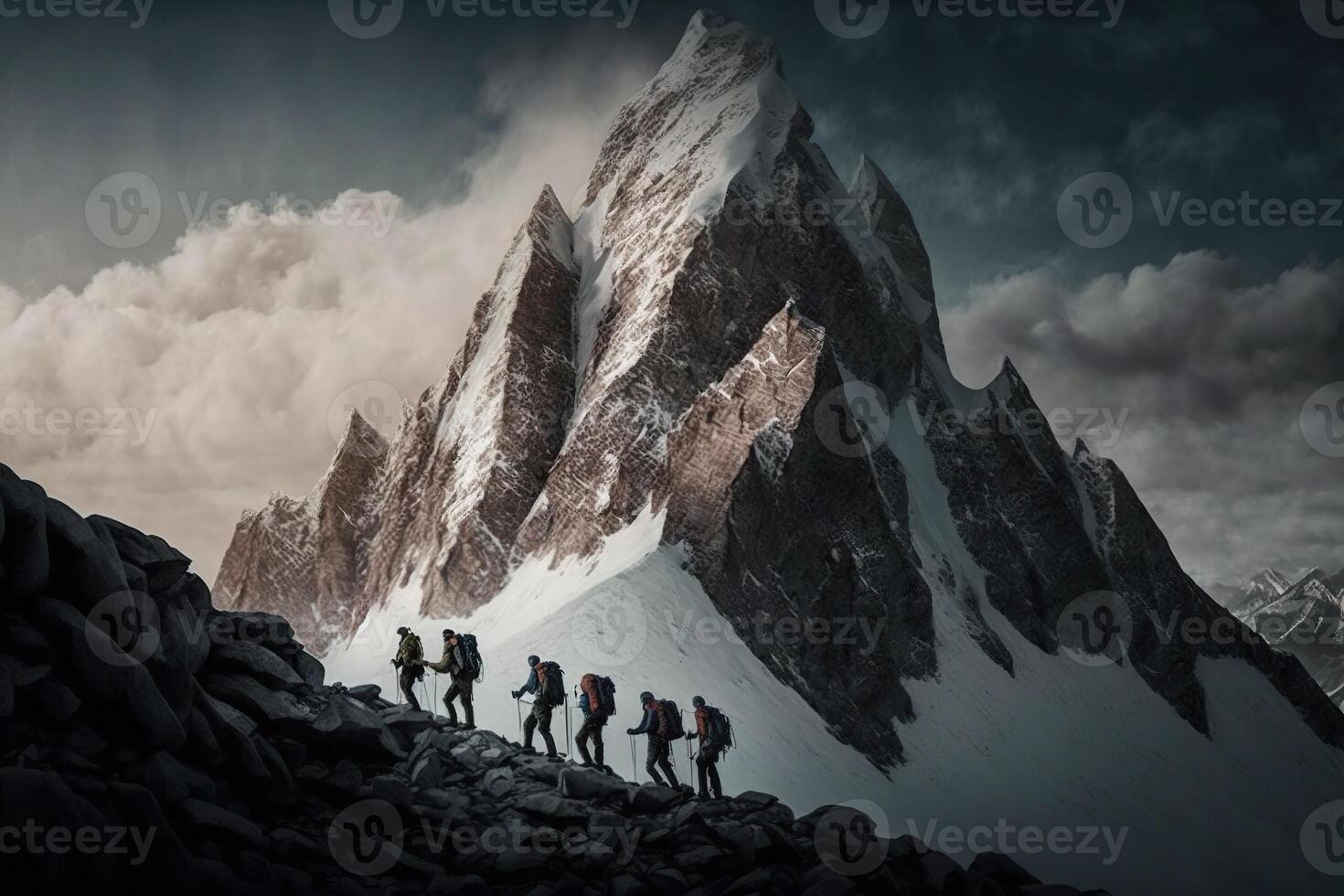 generativo ai ilustração do grupo do alpinistas. múltiplo Alto alpino alpinistas dentro frente do uma gigantesco montanha foto