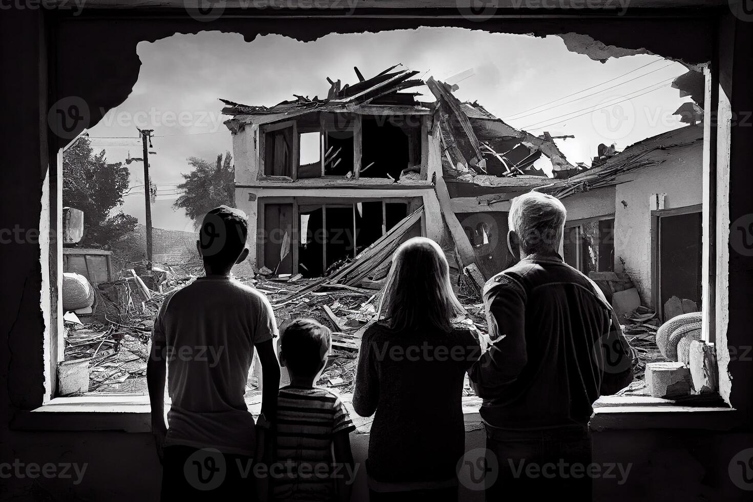 generativo ai ilustração do uma família em pé dentro frente do colapso edifícios área, natural desastre ou guerra vítima foto