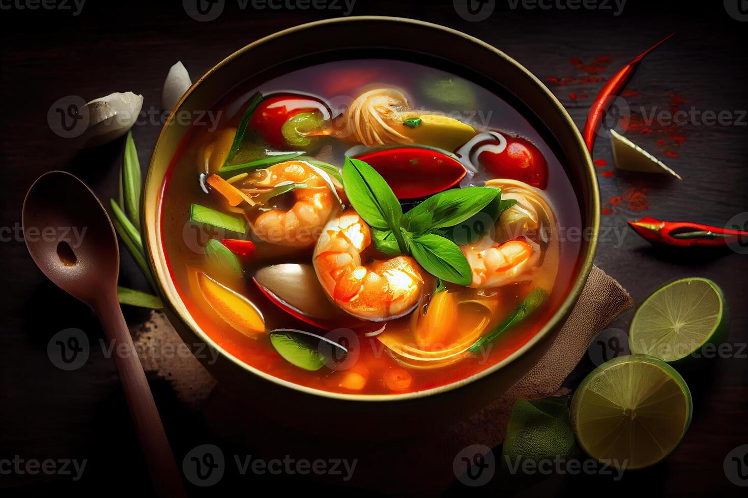 generativo ai ilustração do apetitoso tigela do tom yum sopa, picante tailandês sopa com camarão, frutos do mar, coco leite e Pimenta Pimenta dentro tigela cópia de espaço foto