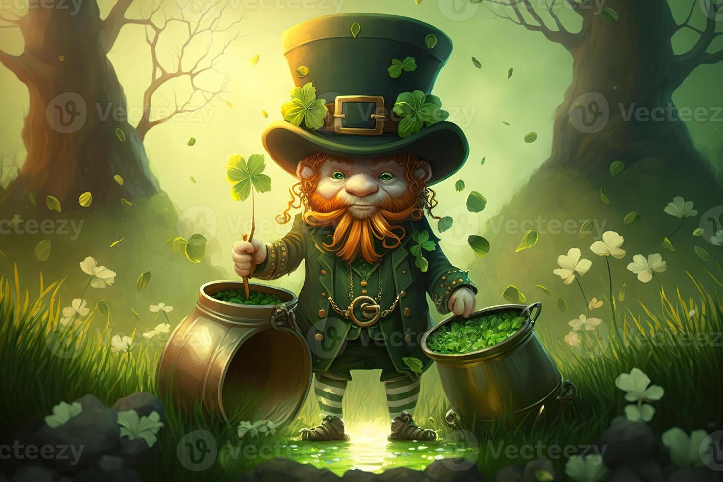 generativo ai ilustração do caprichoso irlandês desenho animado, sharock, cerveja, verde, Panela do ouro, feliz st patrick dia, dobrando papel cortar arte foto