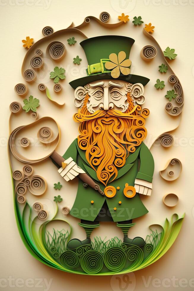 generativo ai ilustração do caprichoso irlandês desenho animado, sharock, cerveja, verde, Panela do ouro, feliz st patrick dia, dobrando papel cortar arte foto