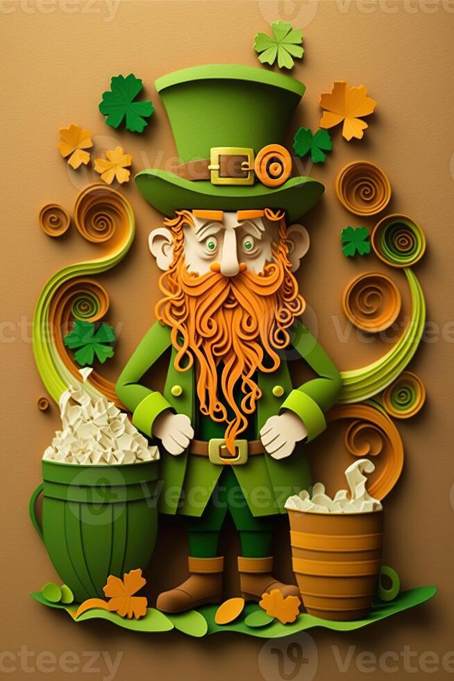 generativo ai ilustração do caprichoso irlandês desenho animado, sharock, cerveja, verde, Panela do ouro, feliz st patrick dia, dobrando papel cortar arte foto