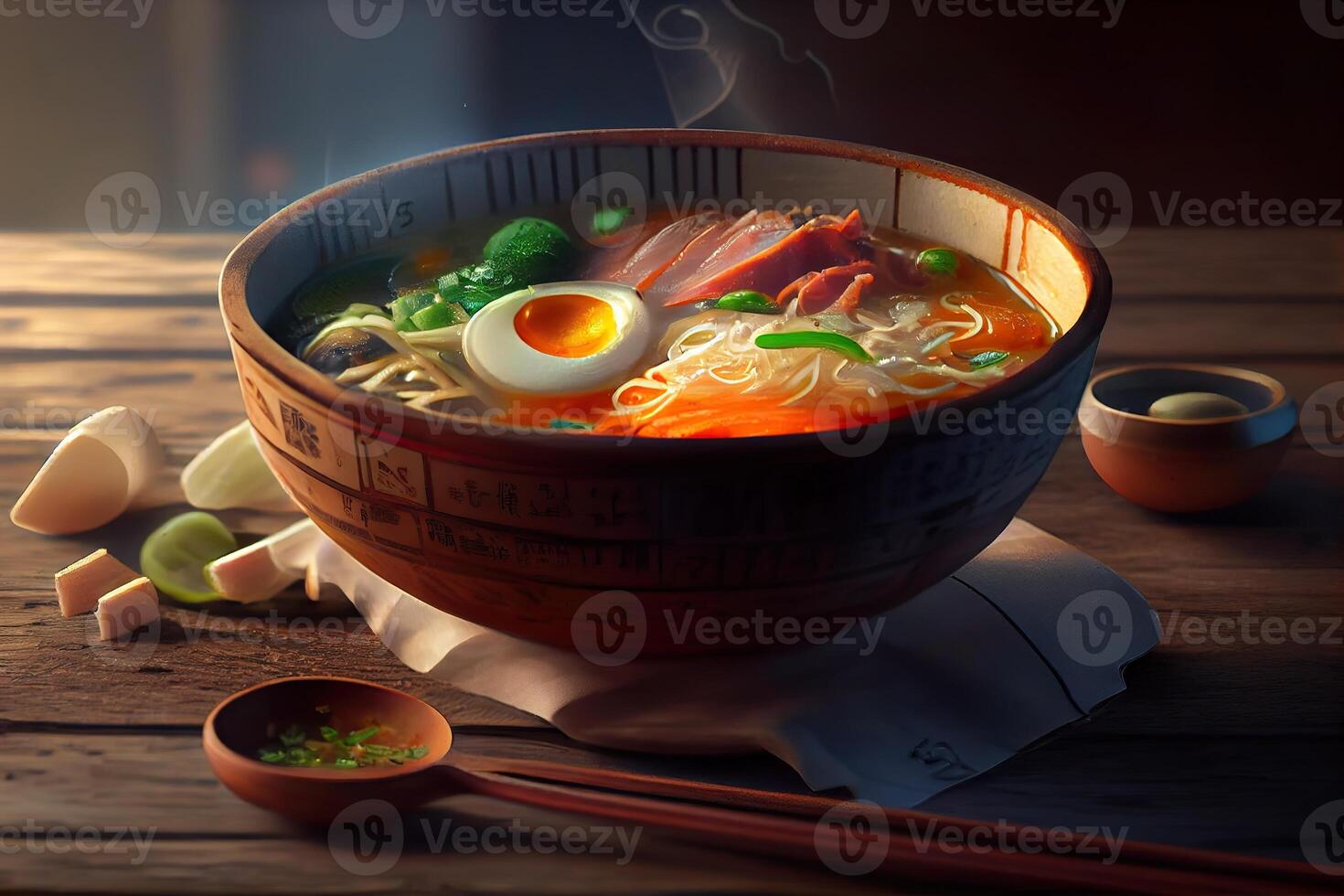 generativo ai ilustração do a a maioria delicioso japonês ramen, soja molho ramen dentro carne de porco osso caldo foto