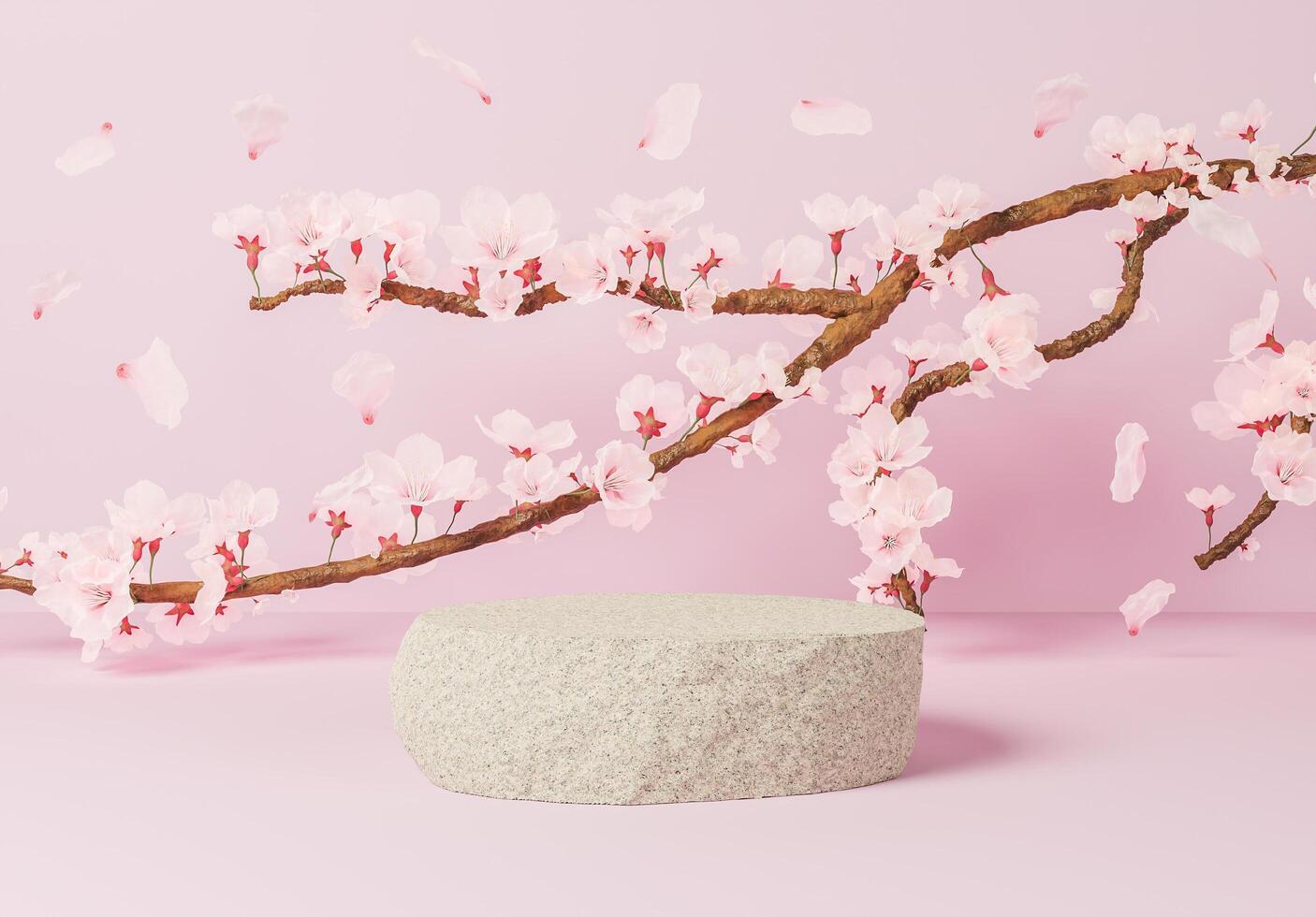 pedra para apresentação do produto com ramo cheio de flores de cerejeira, ilustração 3D foto