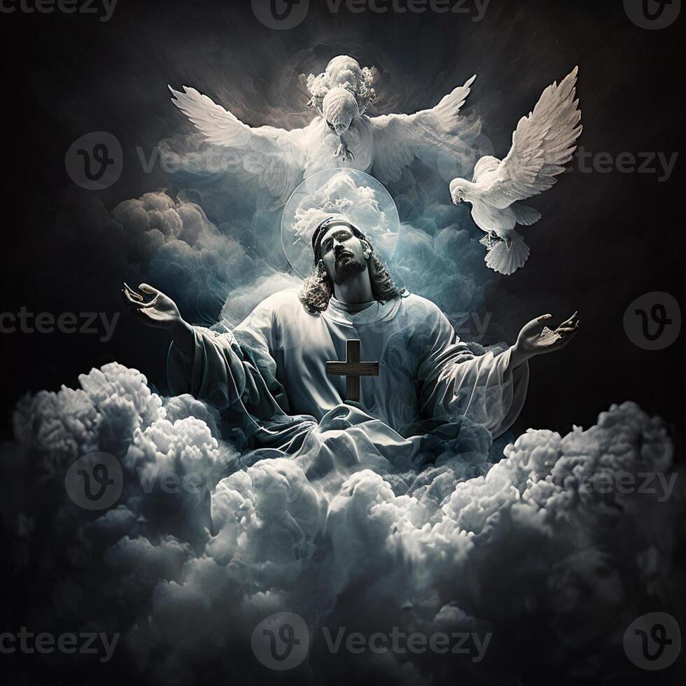 ilustração do Jesus Rezar cercado de pombas em uma nuvem, generativo ai foto
