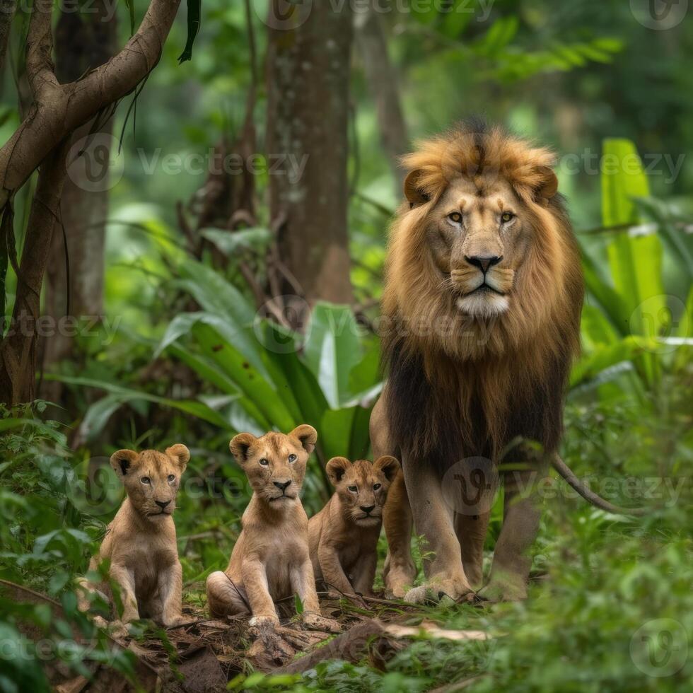 família do leão com uma juba marrom adulto leão generativo ai foto