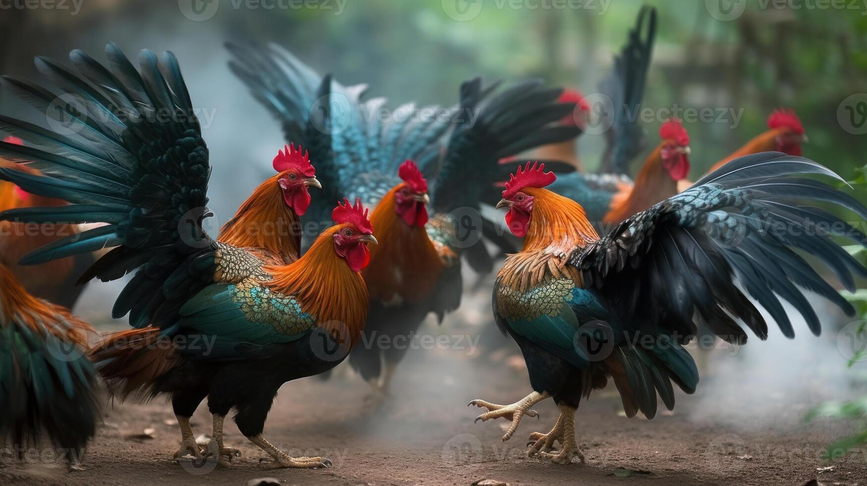 uma grupo do galo jogando juntos em estrada generativo ai foto