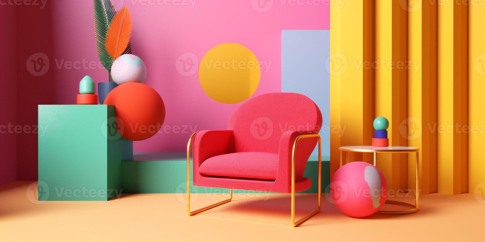 ai gerado colorida contemporâneo quarto com moderno mobília foto