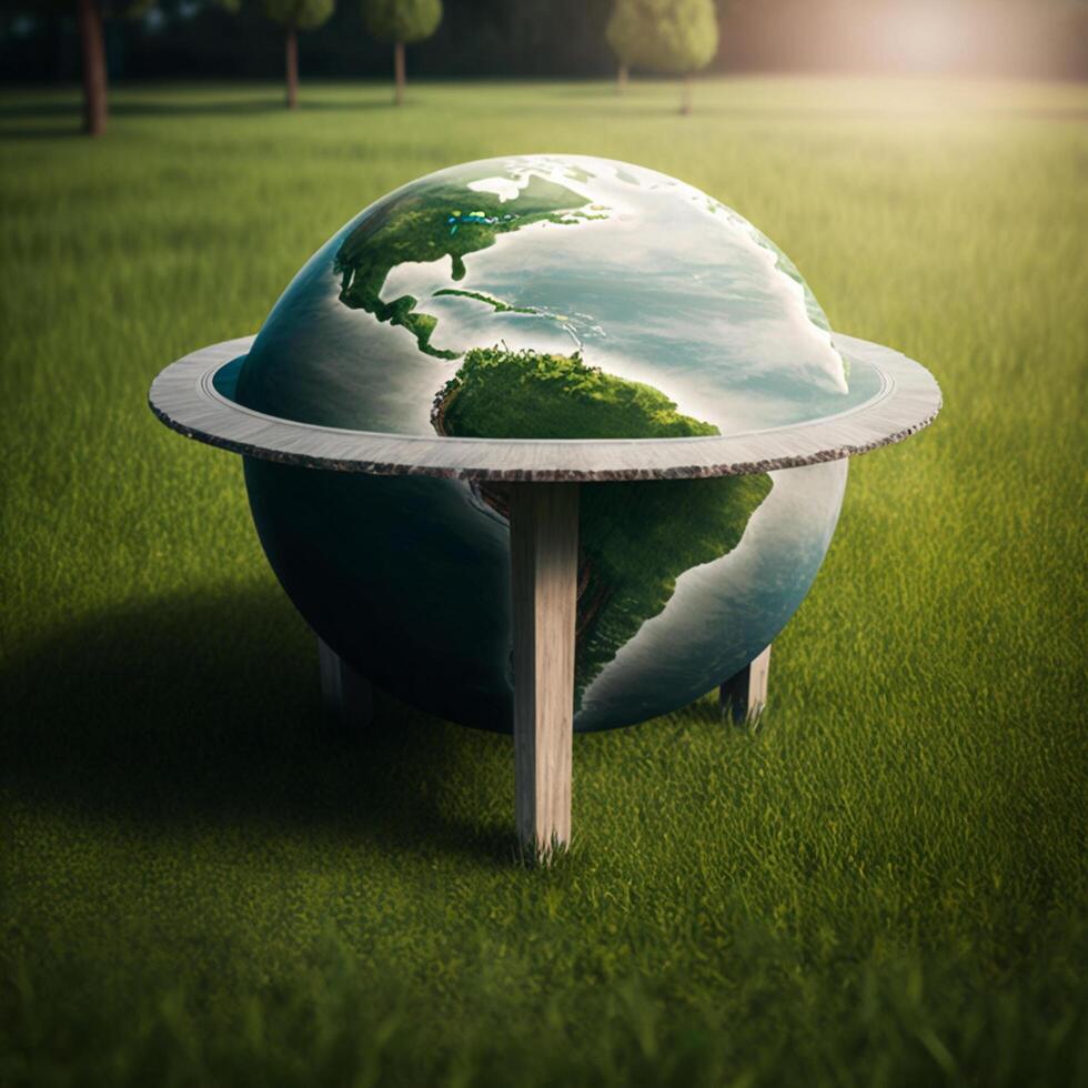 ilustração do planeta terra em a mesa e grama, globo em a mesa grama, generativo ai foto