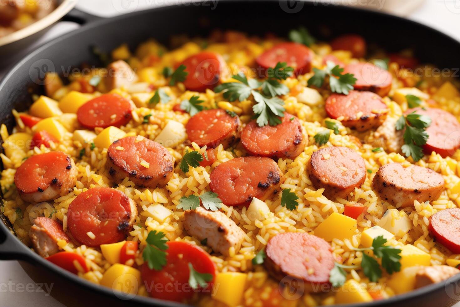 paella, tradicional espanhol prato fez com arroz, frango e vegetais, servido dentro uma frigideira. paella com frutos do mar. espanhol cozinha. generativo ai foto