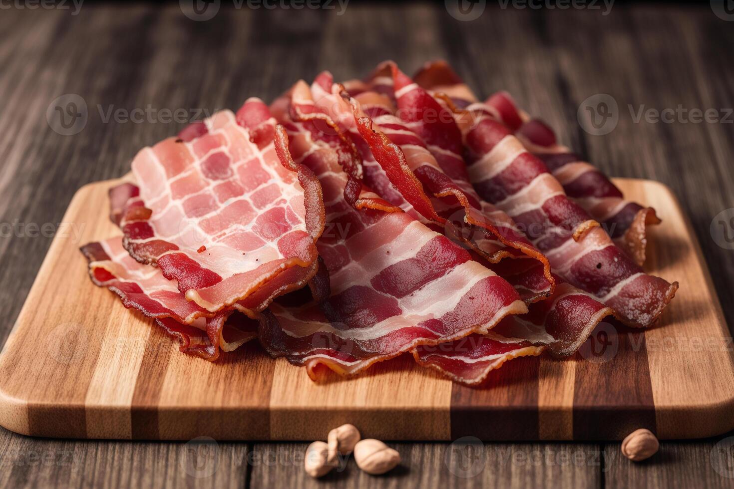 delicioso fatias do defumado bacon em uma de madeira mesa. generativo ai foto
