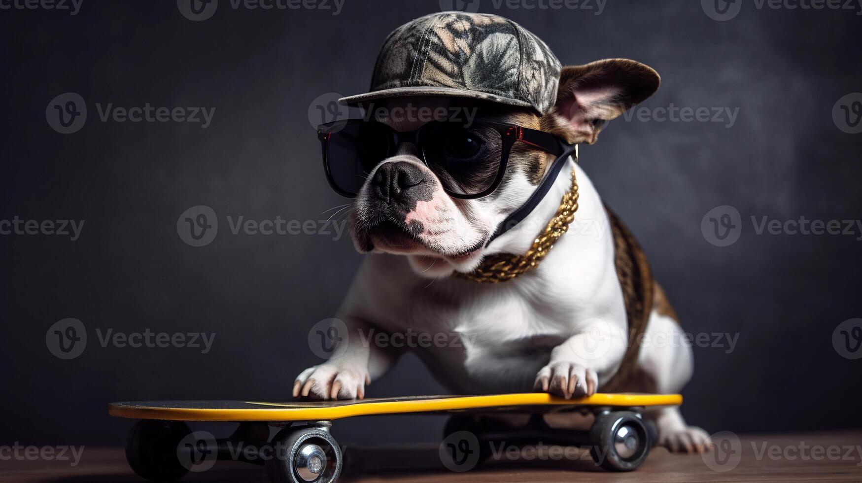 ai gerado legal vermelho gengibre cachorro buldogue dentro óculos de sol, boné e dourado colarinho sentado em skate engraçado animais de estimação generativo ai foto