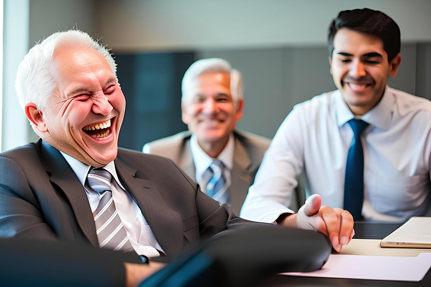 velho homem de negocios rindo dentro uma encontro com de outros homem de negocios dentro uma escritório ai generativo foto