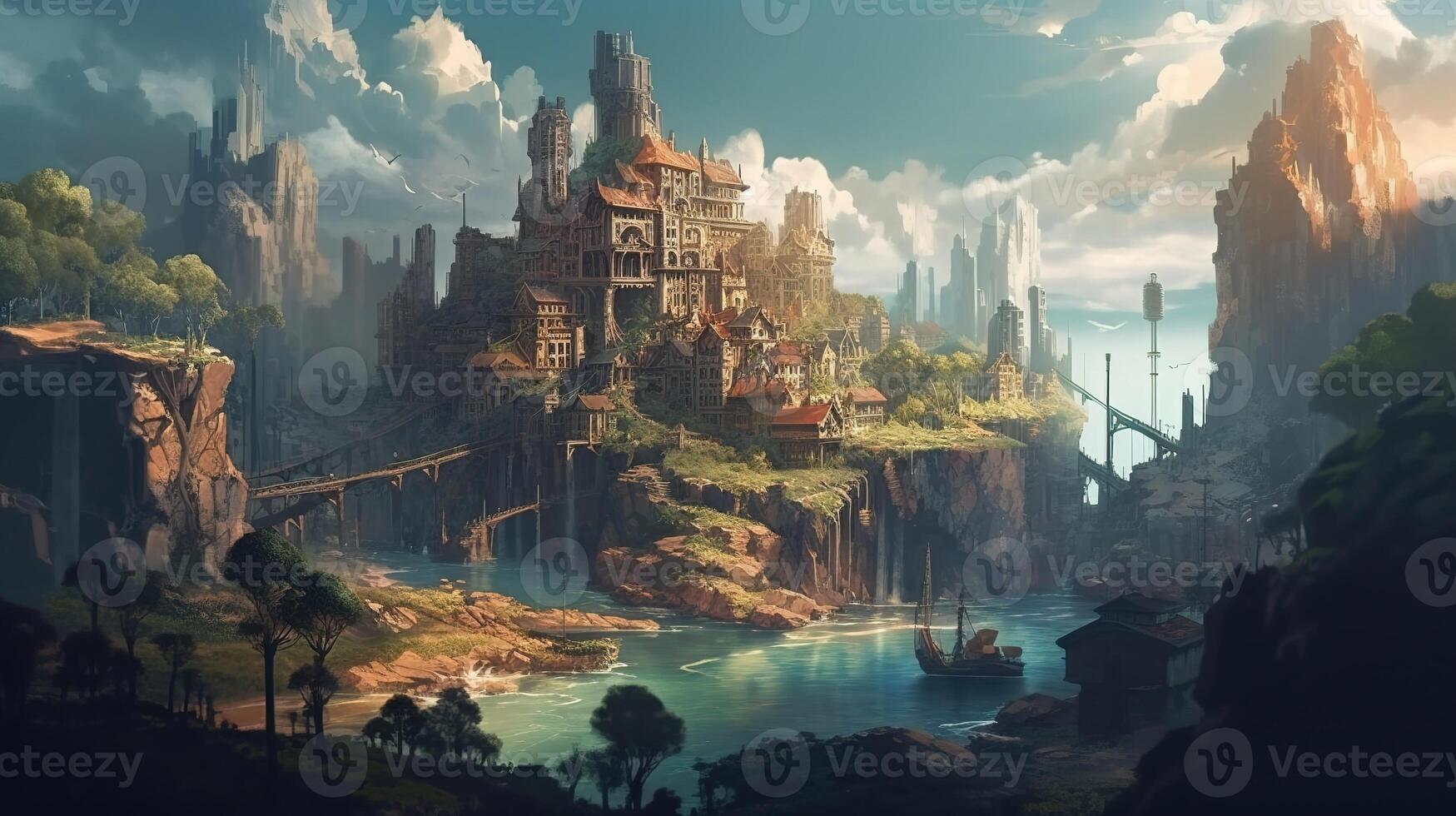 cidade fantasia pano de fundo conceito arte realista ilustração fundo com generativo ai foto