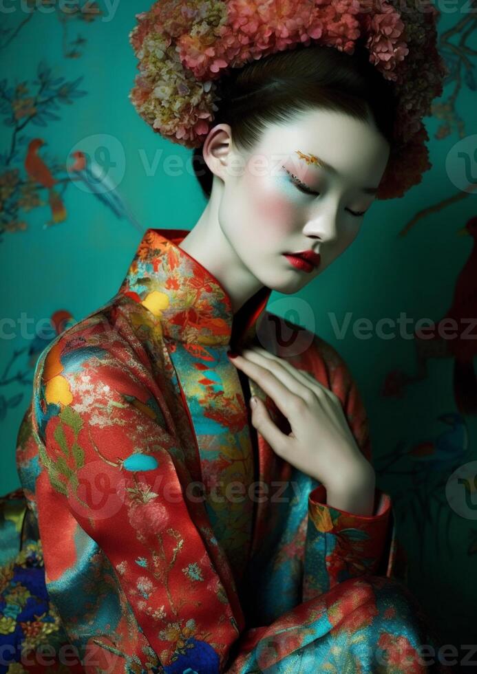 ai gerado mulher gueixa, moderno japonês estilo foto
