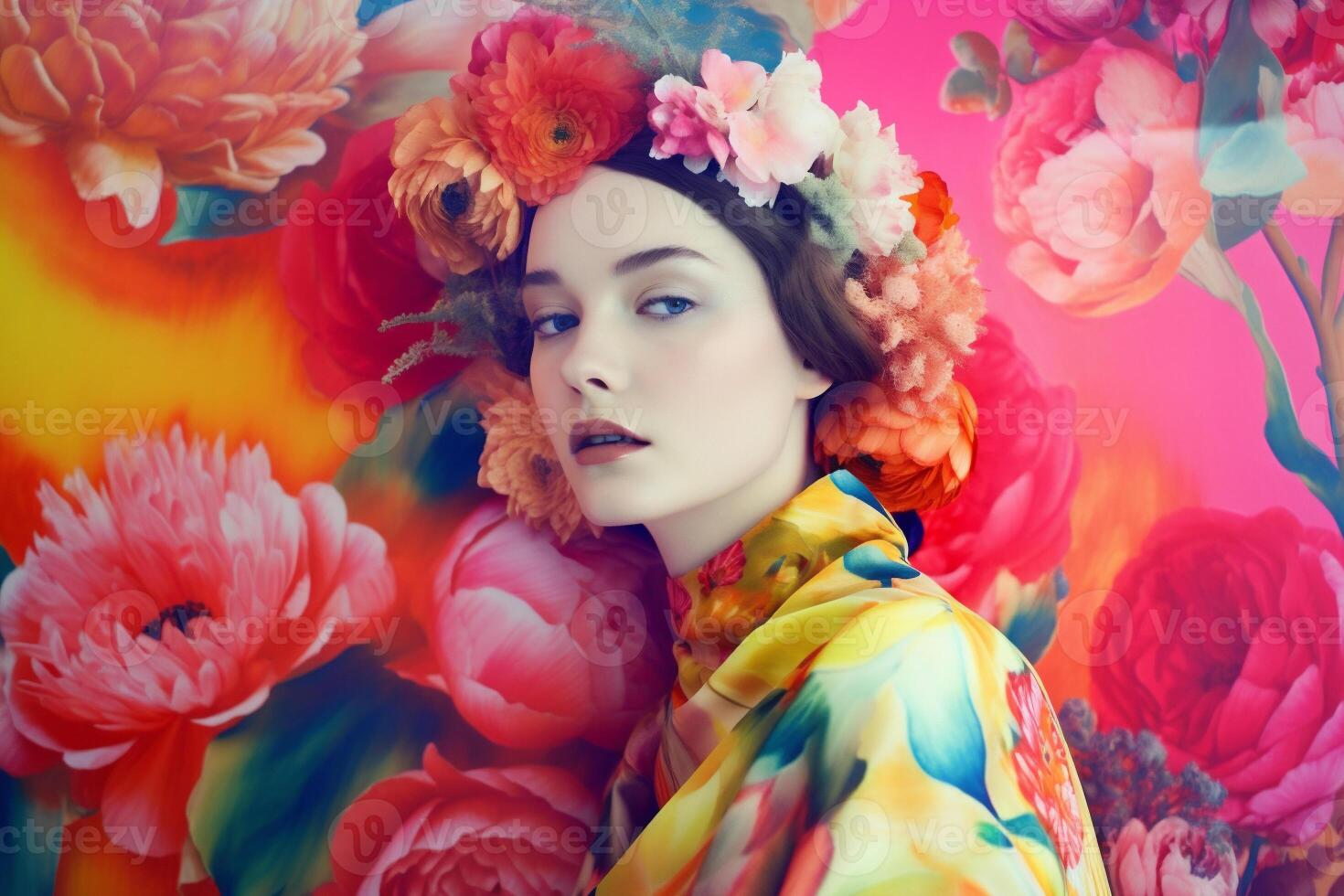 ai gerado mulher com flores, Primavera conceito foto