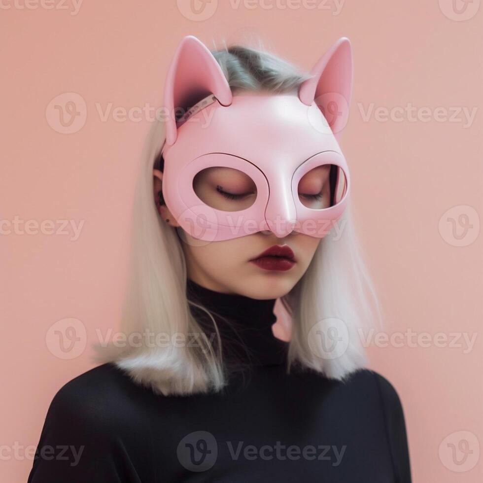 ai gerado mulher com gato mascarar foto