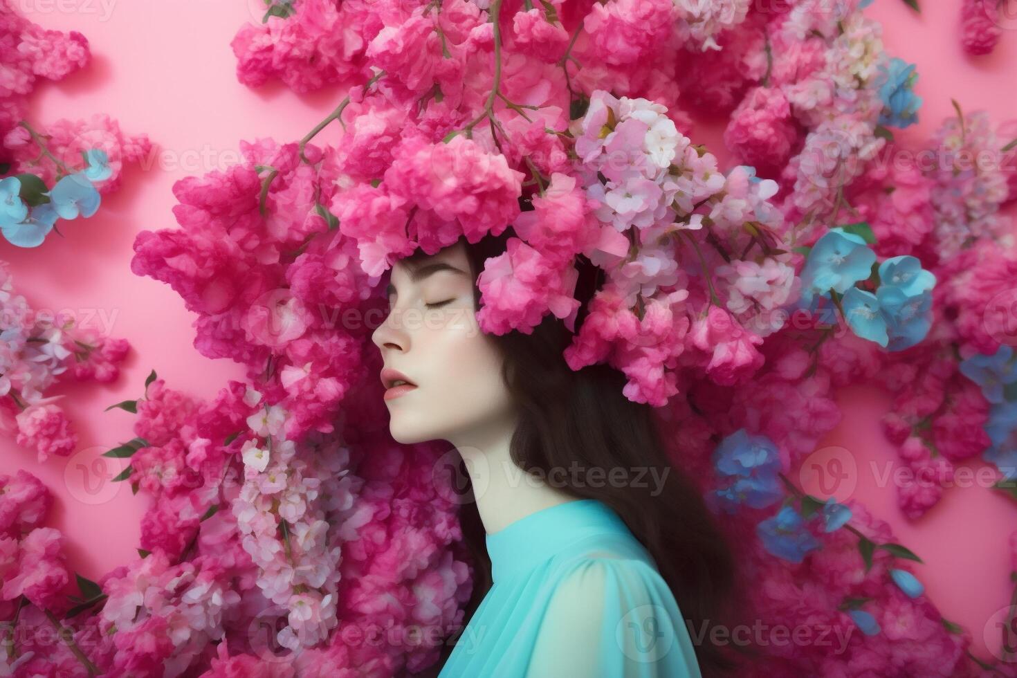 ai gerado mulher com colorida flores, Primavera conceito foto