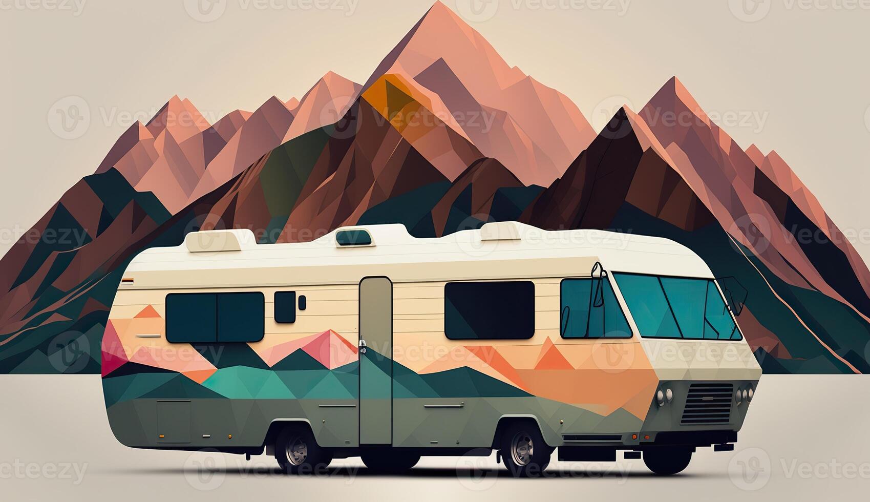 ai gerado. ai generativo. baixo poli desenho animado criança estilo campista rv furgão com montanhas. pode estar usava para aventura inspiração ou decoração. gráfico arte foto