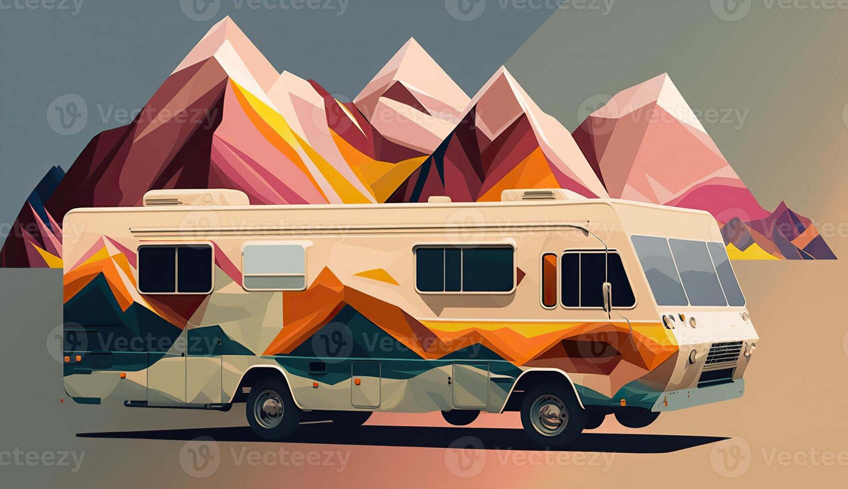 ai gerado. ai generativo. baixo poli desenho animado criança estilo campista rv furgão com montanhas. pode estar usava para aventura inspiração ou decoração. gráfico arte foto