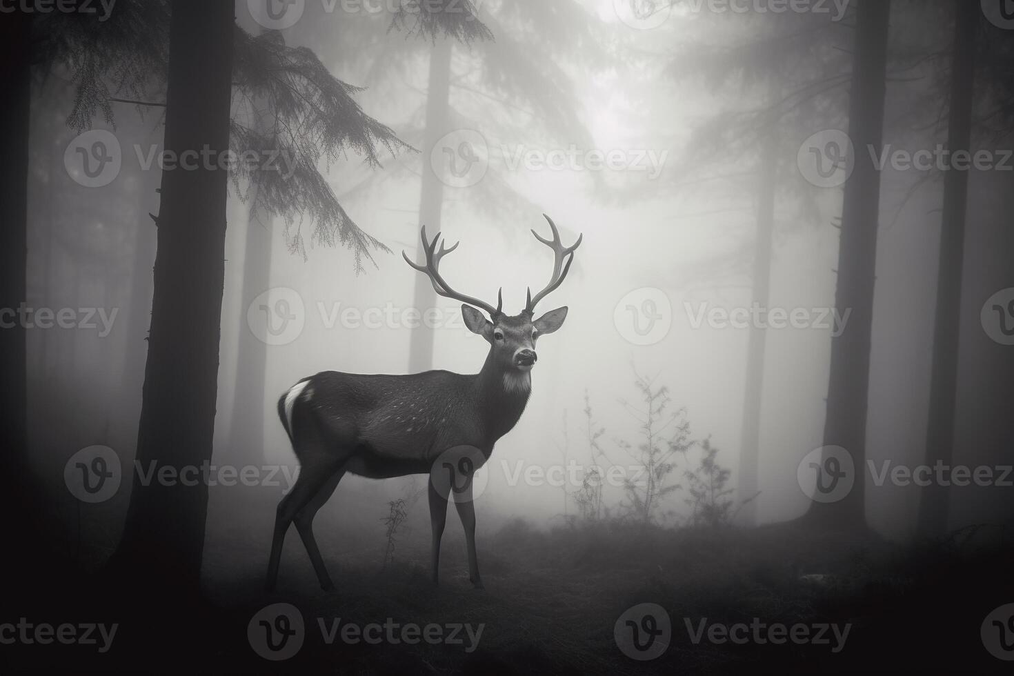 uma veado dentro uma enevoado floresta. ai gerado foto