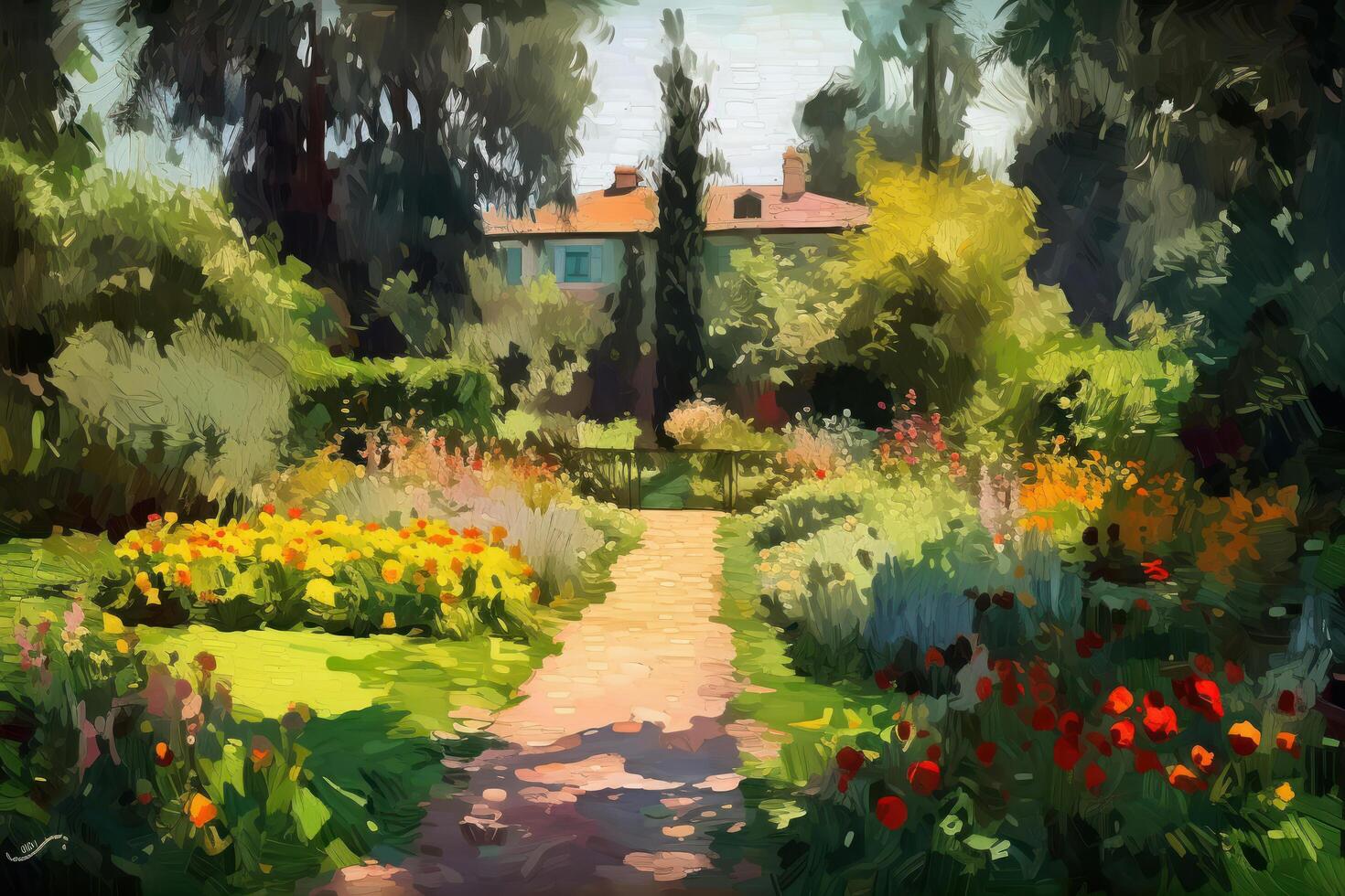 verão jardim dentro a estilo do impressionismo pintura ilustração ai generativo foto