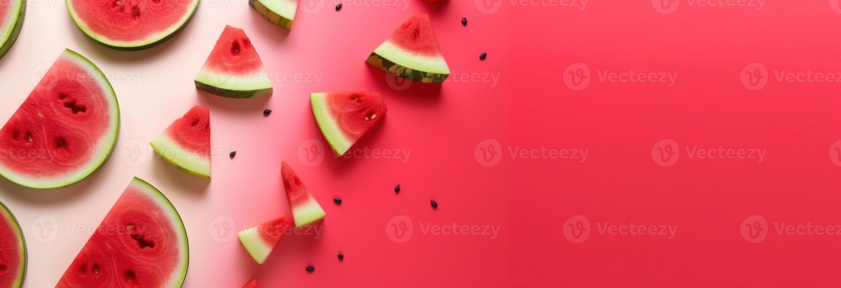 fatias do vermelho fresco Melancia em uma vermelho e branco gradiente fundo. saudável Comida ecológico produtos. cabeçalho bandeira brincar com espaço. ai gerado. foto