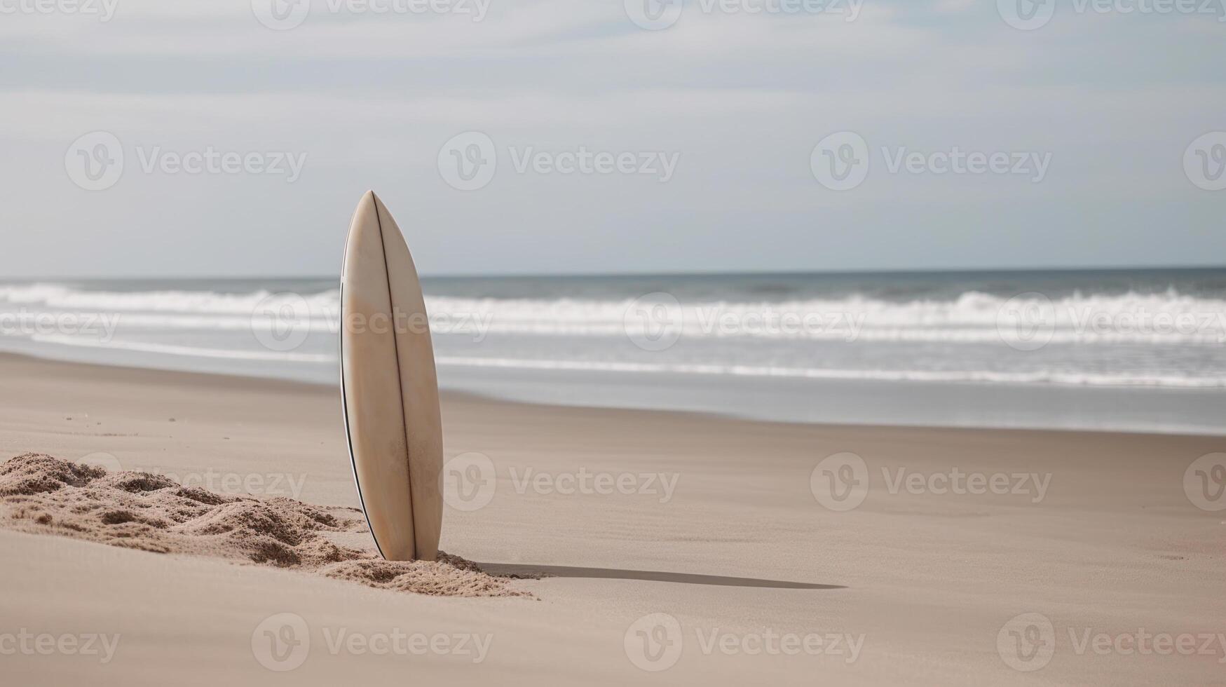 prancha de surfe em a esvaziar selvagem de praia generativo ai foto