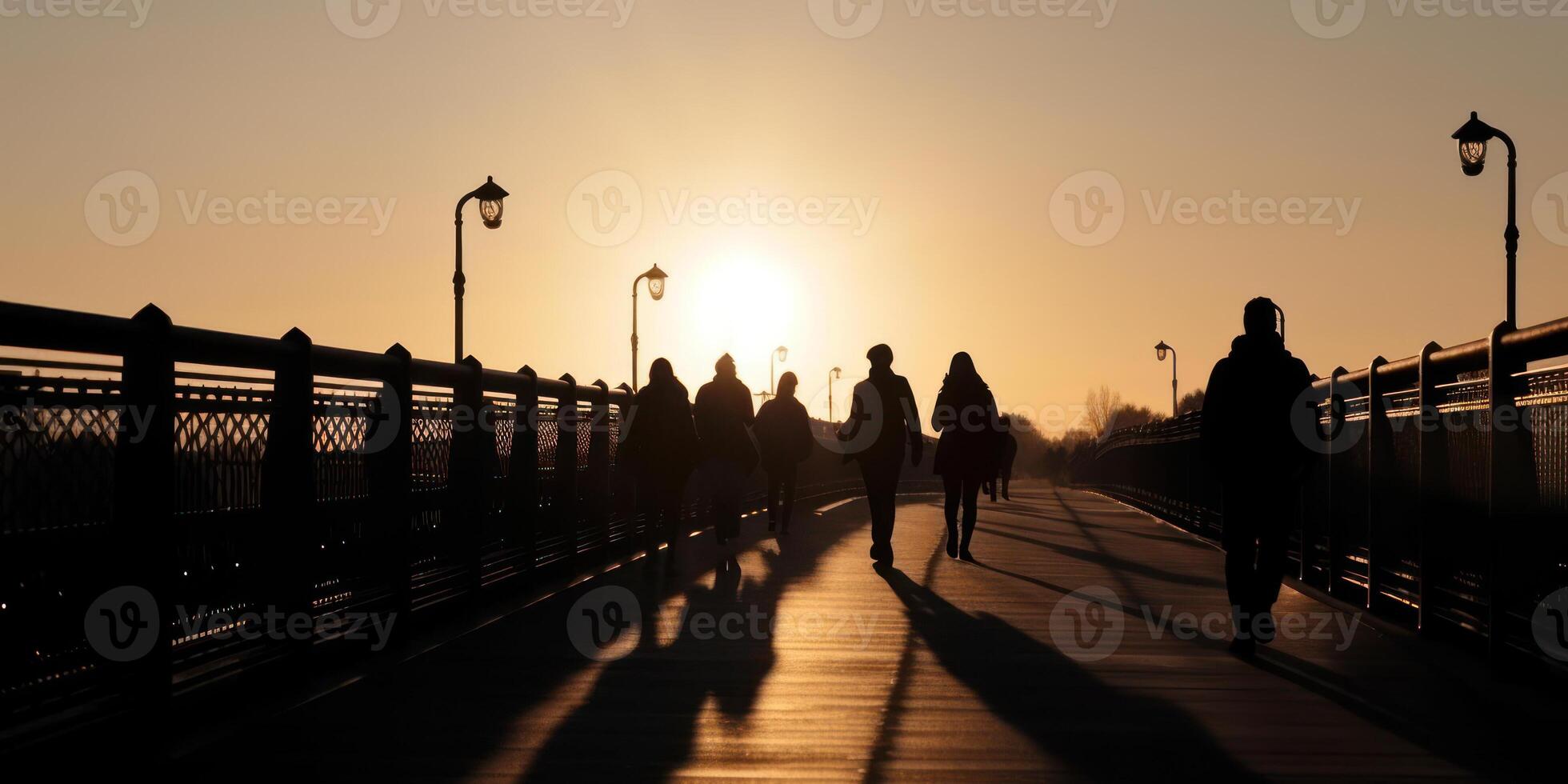 silhuetas pessoas caminhando em a ponte em pôr do sol fundo generativo ai foto