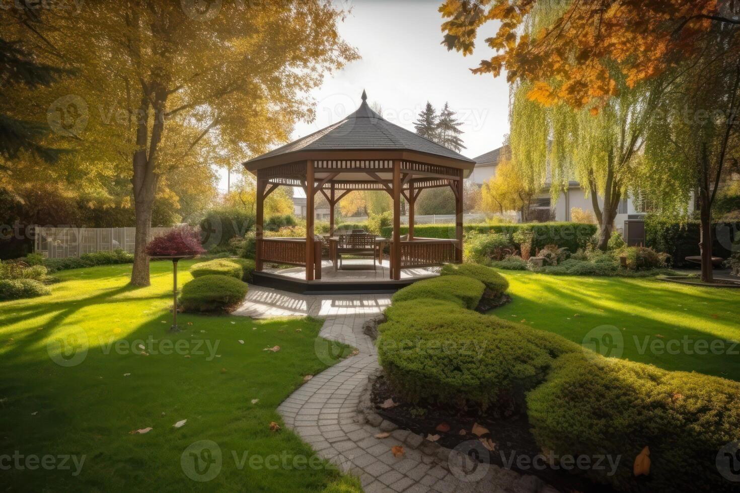 de madeira gazebo e paisagismo dentro a Jardim verde árvores e gramado generativo ai foto