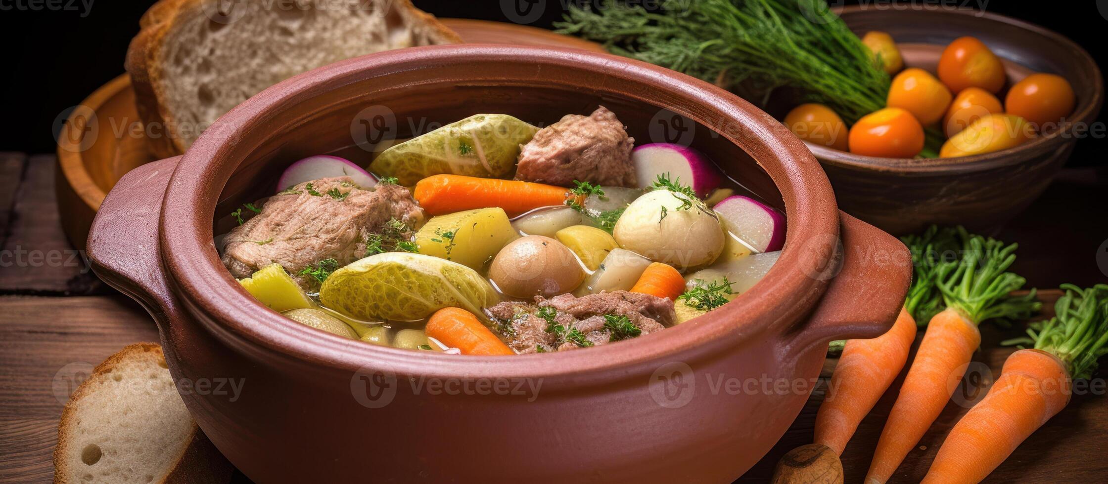 fervido legumes com frango caldo dentro uma tigela generativo ai foto