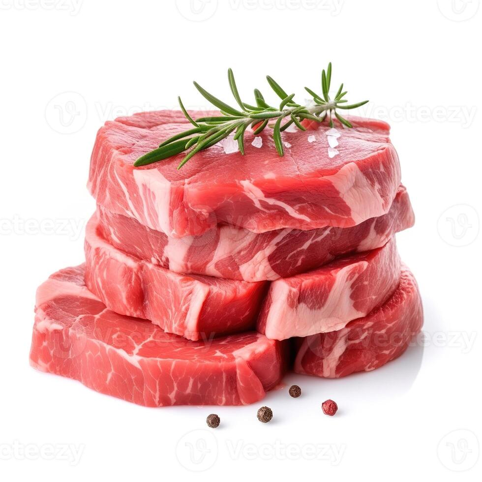 fatias do carne carne Comida isolado imagem para zombar acima ilustração ainda imagem branco fundo com generativo ai foto