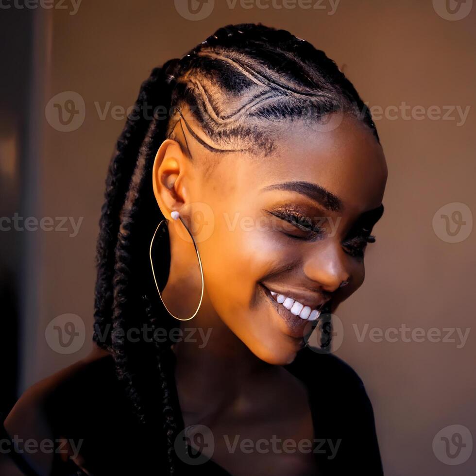 jovem pele escura sorridente africano garota, com tranças. retrato. generativo ai foto