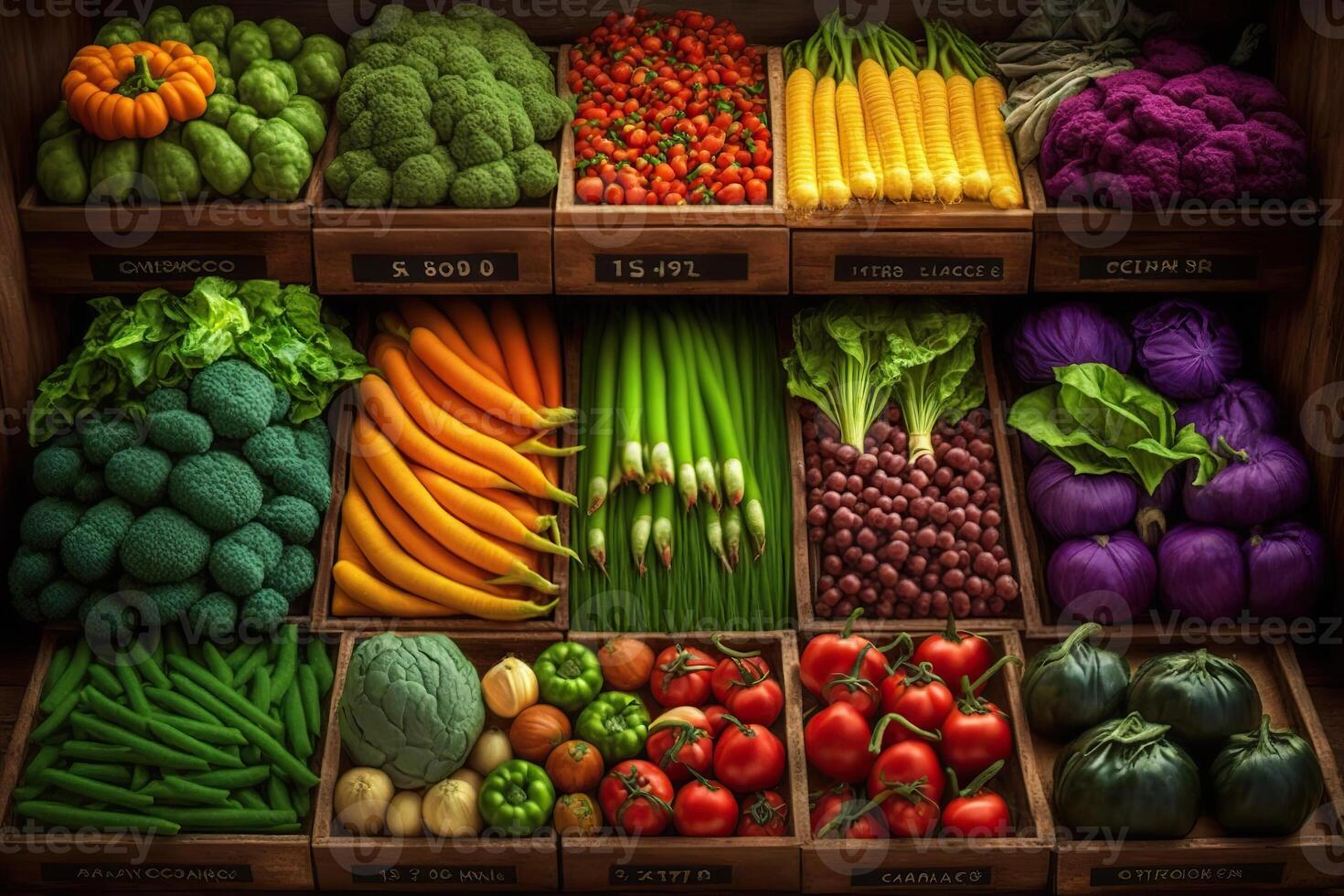 generativo ai ilustração do vegetal agricultor mercado contador colorida vários fresco orgânico saudável legumes às mercearia loja. saudável natural Comida conceito foto