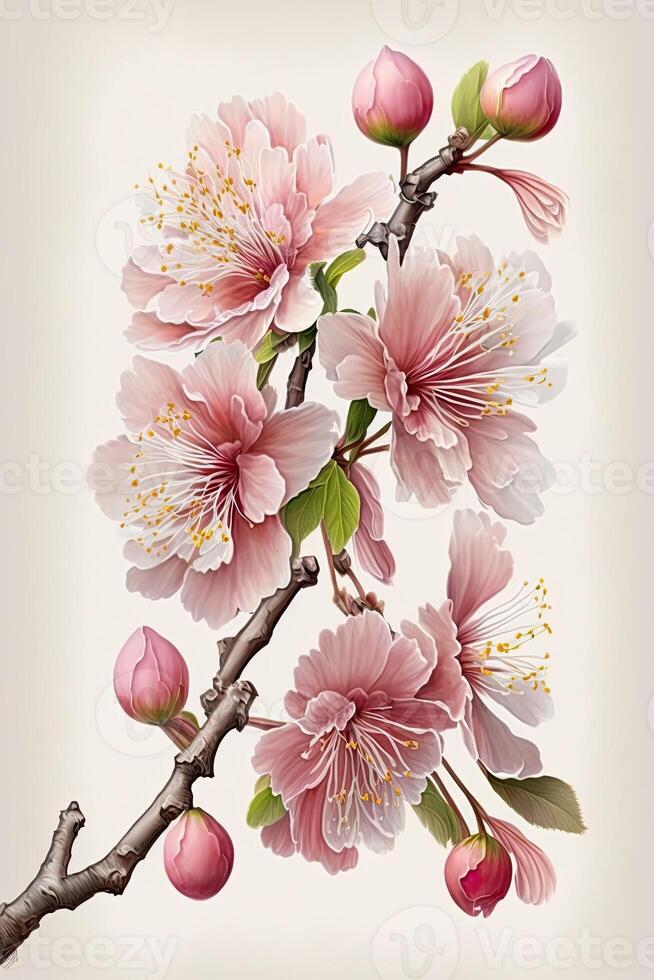 generativo ai ilustração do realista sakura ou cereja florescer, japonês Primavera flor sakura, Rosa cereja flor em branco fundo foto