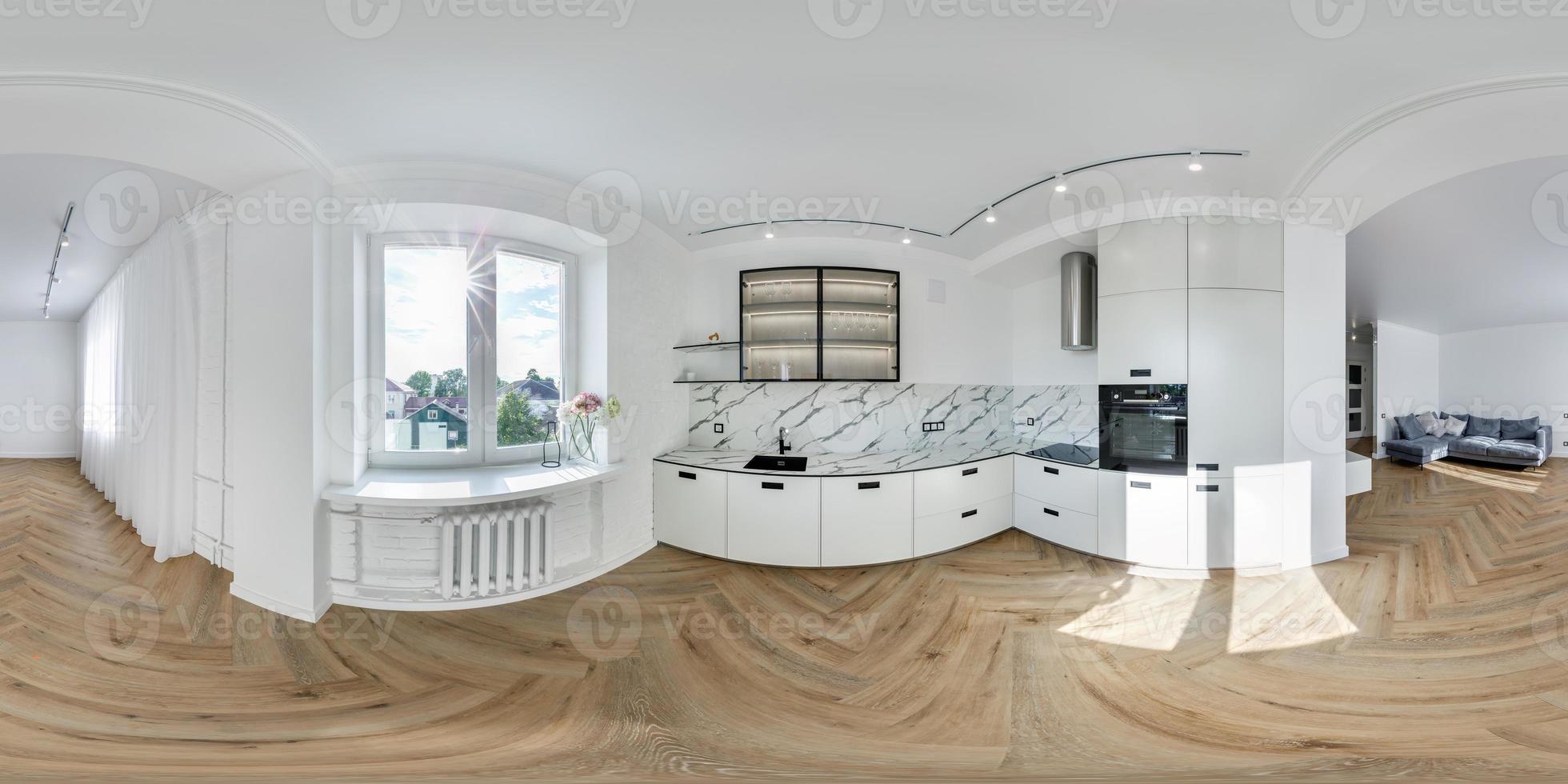 cheio desatado esférico hdri 360 panorama Visão dentro branco interior do moderno luxo cozinha dentro estúdio apartamentos com armário com iluminação dentro equirretangular projeção, vr conteúdo foto