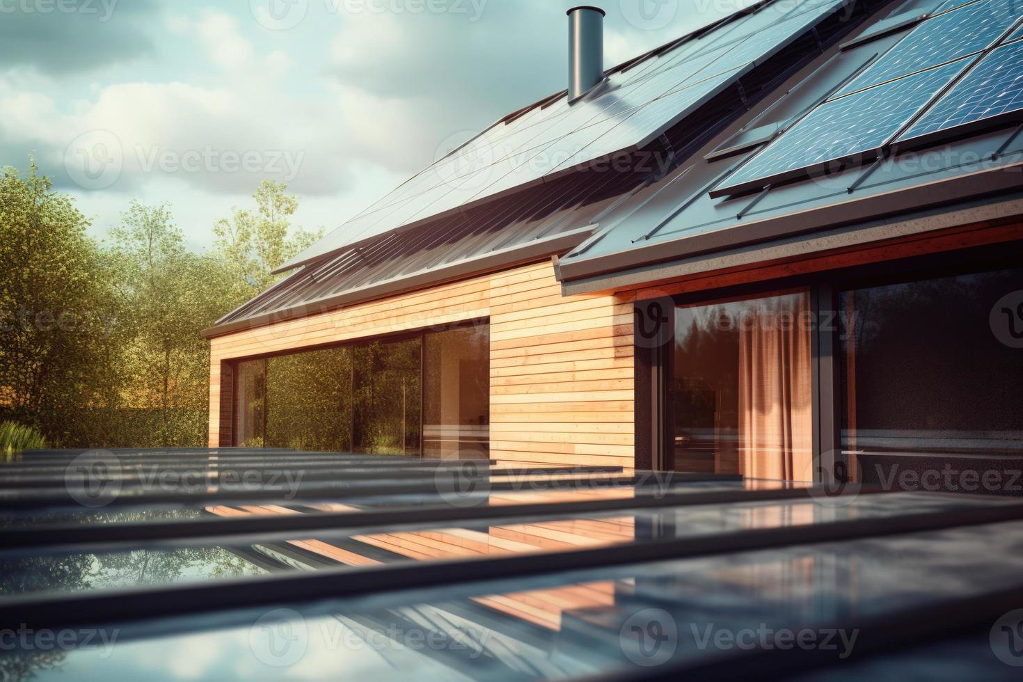 fotorrealista solar painéis instalado em a cobertura do uma moderno casa, enfatizando a usar do alternativo energia para uma sustentável futuro. foto