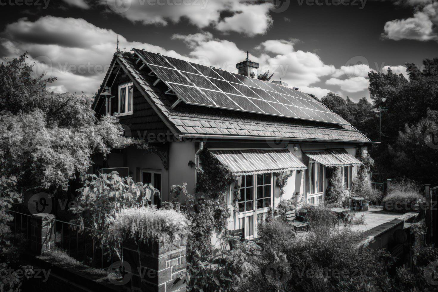 fotorrealista solar painéis instalado em a cobertura do uma moderno casa, enfatizando a usar do alternativo energia para uma sustentável futuro. foto