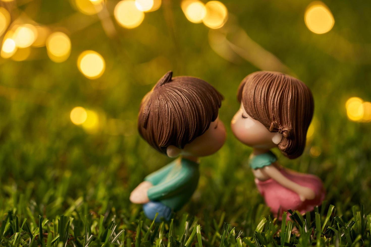 amor conceito ou dia dos namorados dia. casal se beijando boneca dentro romance em verde Relva fundo com cópia de espaço foto