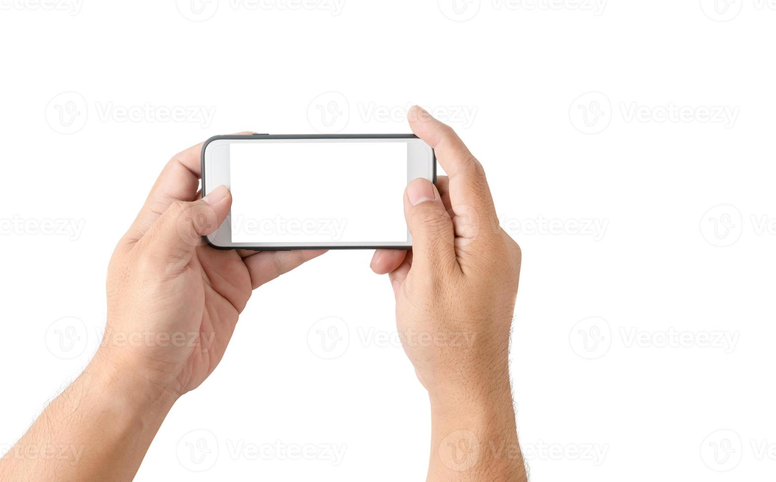 dois mãos segurando inteligente telefone com em branco branco tela foto